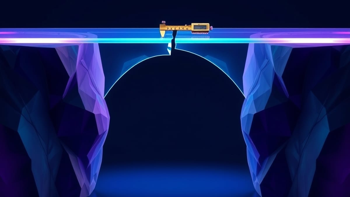 A translucent glass bridge with hairline cracks across its middle, a small brass caliper measuring the fracture mid-span.