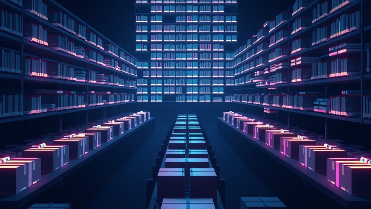 Rows of glowing open books float above a dark conveyor belt carrying sealed identical boxes into shadow.