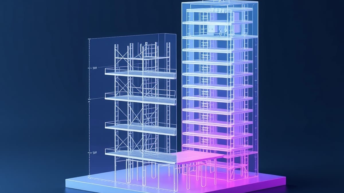 A split model where a transparent blueprint half is still being drawn beside a solid opaque monolith already built.