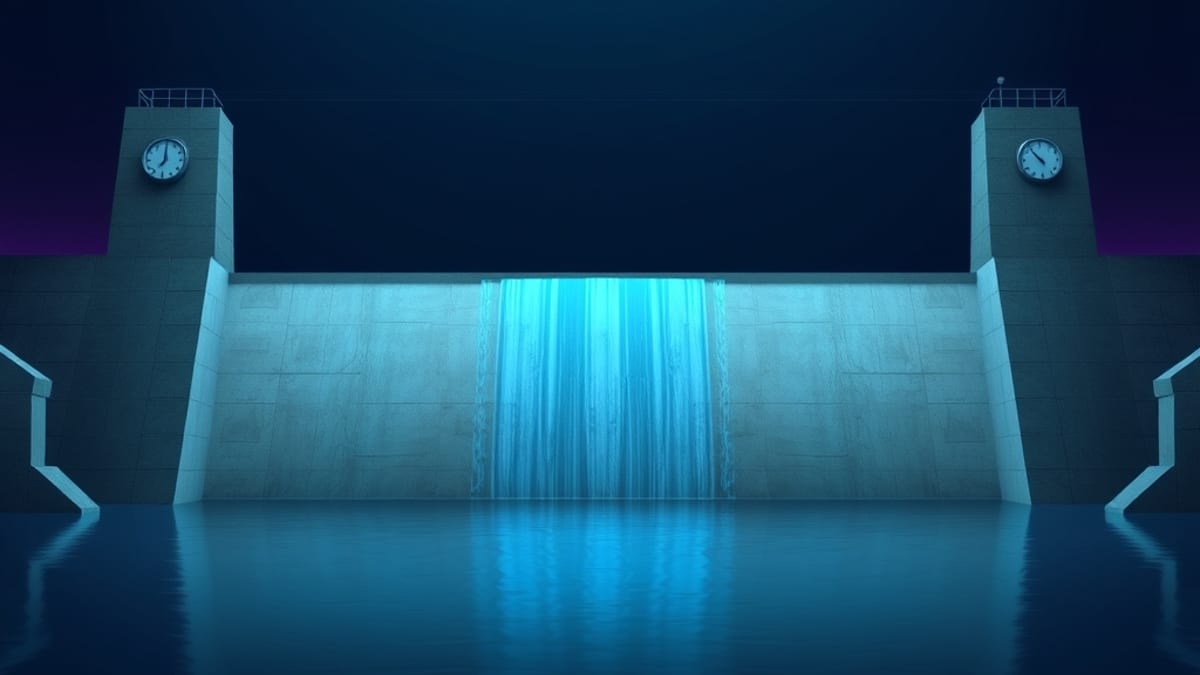 A concrete dam with no gates or turbines, water spilling freely over the top while wall gauges sit unread.