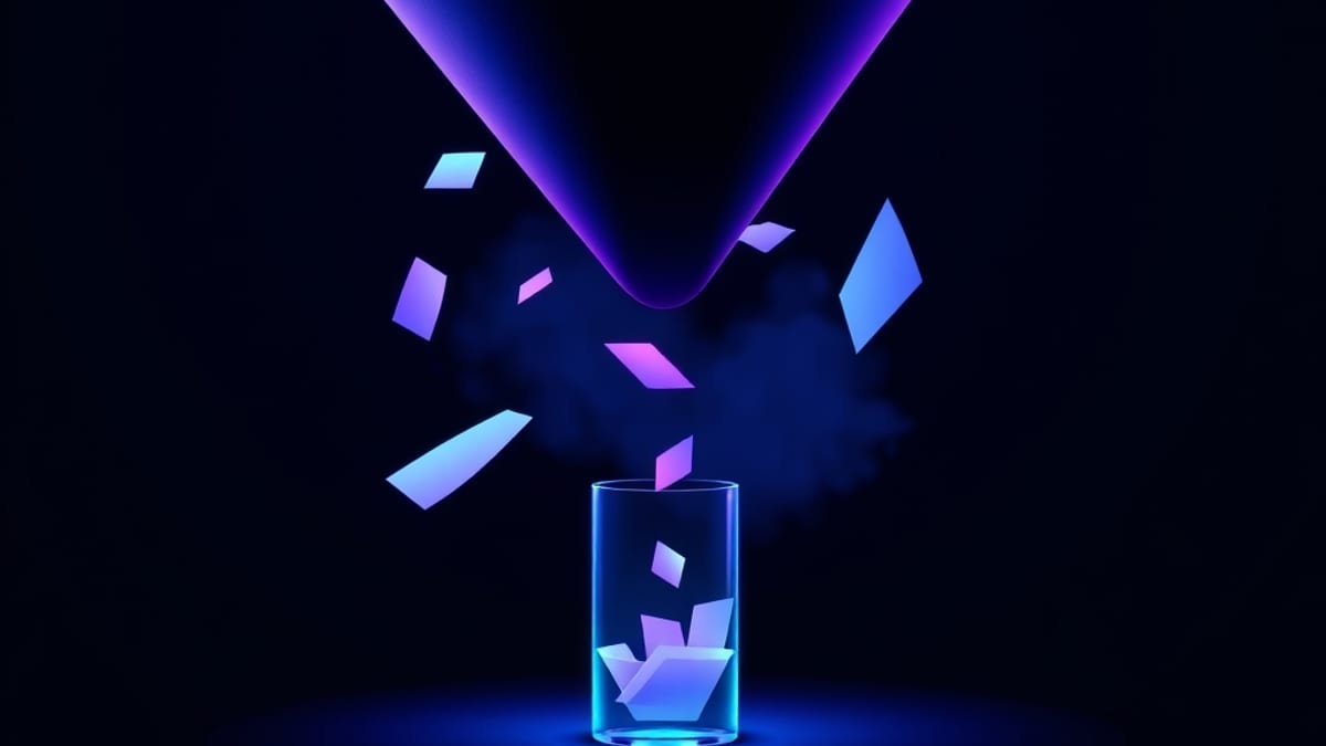 Many glowing paper sheets funnel downward, most fading away while a few pass through a narrow gap into a glass vessel.