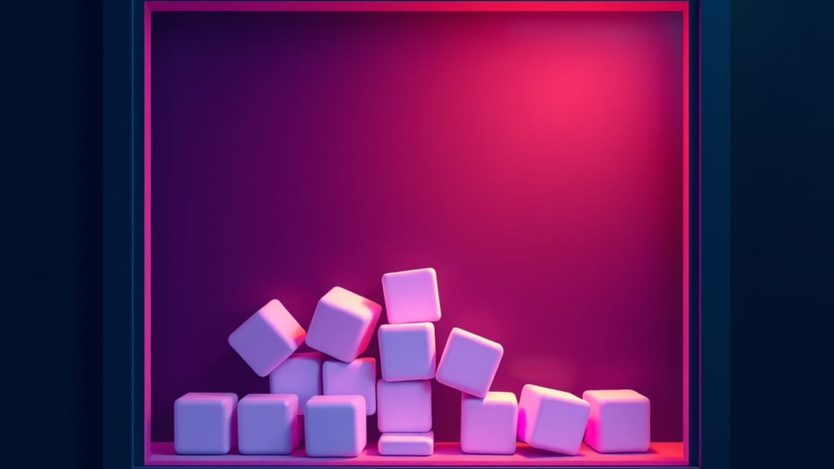 Oversized soft cubes crowd against a small fixed glass window; only a few small cubes fit inside the frame.