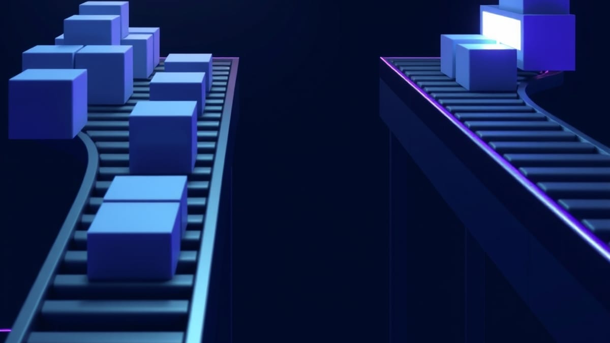 Two conveyor belts of grey blocks: one in arrival order, the other reordered by size and brightness before a lit slot.