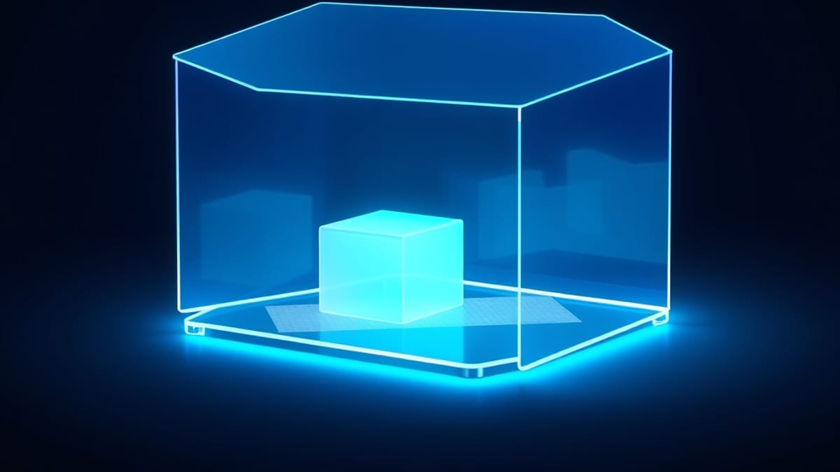 A glowing glass laptop-shaped house with a few frosted opaque cubes sealed inside, thin light streams drifting away into dark