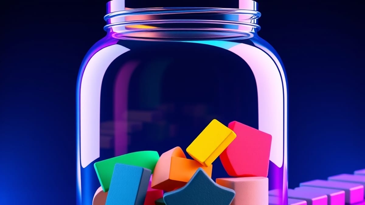 A sealed jar holding colorful shapes while a conveyor belt of blank grey placeholder tiles rolls past it.
