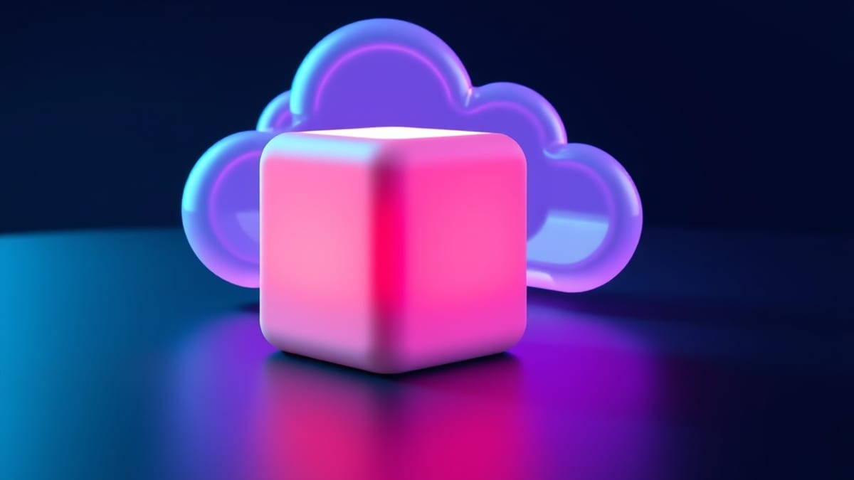 A small warm glowing opaque cube on a desk, physically separated by empty space from a distant translucent cloud shape.