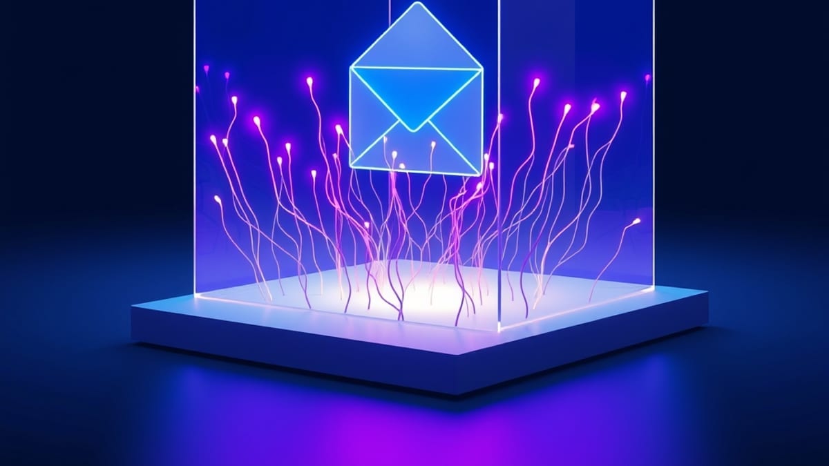 A sealed glass envelope inside a clear cube, with glowing strands stopping at the outer wall.
