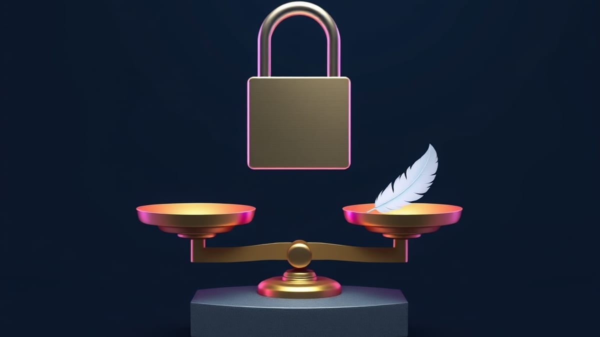 A balance scale with a heavy closed padlock on one side and a small feather on the other.