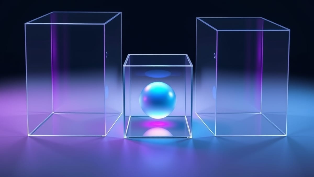 Three nested glass boxes with a glowing orb in the smallest, only the smallest box lidded.