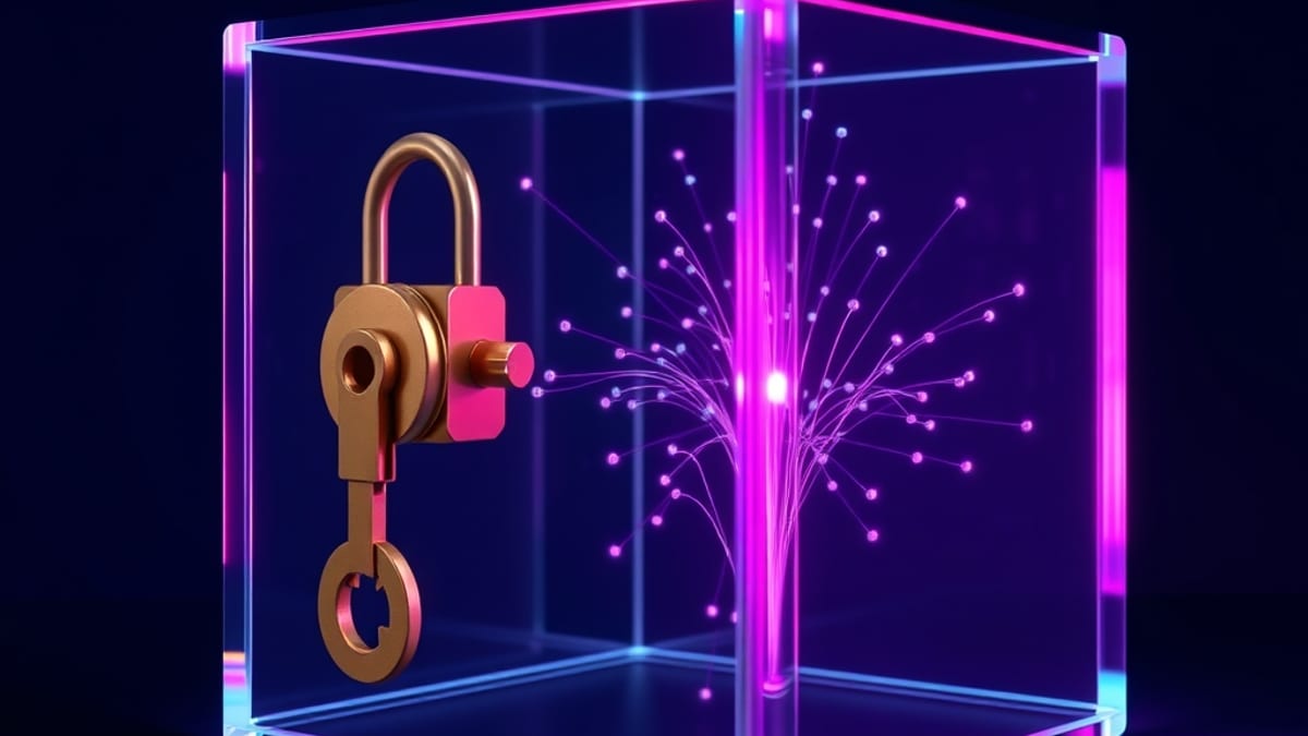 A brass key turning in a lock on a glass cube, with many glowing threads running outward and one thread burning red.