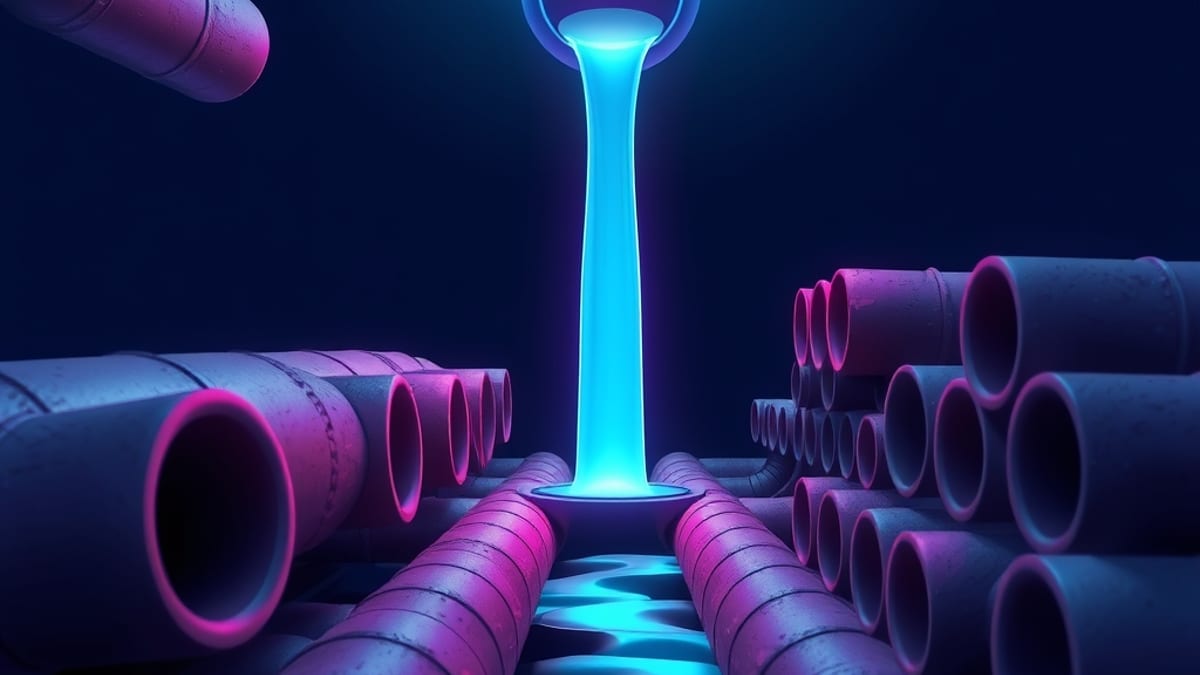 One wide pipe feeds a glowing funnel while many smaller pipes sit dry and cracked nearby.