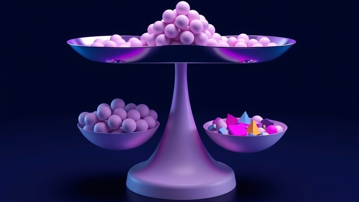 A scale tips down on the side holding a tight cluster of identical spheres, not the scattered shapes.