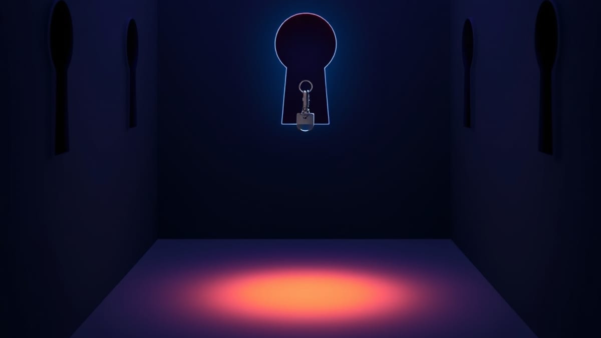 A wall of identical keyholes with a single key hanging in front, suggesting one gatekeeper.