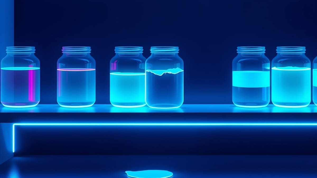A row of glass jars holding glowing liquid at different, dropping levels, one cracked and leaking light.