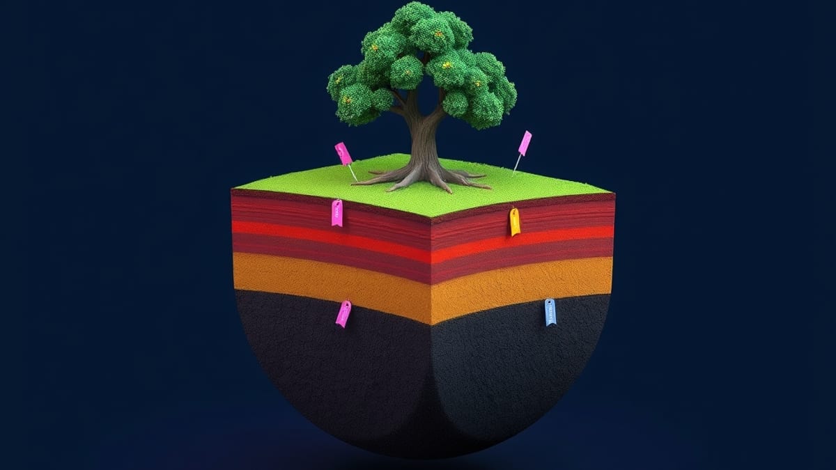 Cutaway view of soil layers with a tree's roots threading through four differently colored bands.