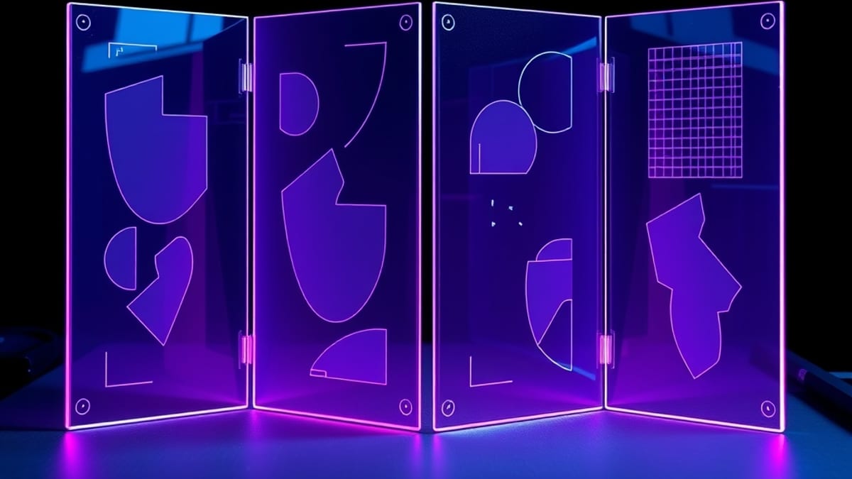 A translucent glass card unfolding into four glowing panels on a dark workbench, some panels cracked and dim.