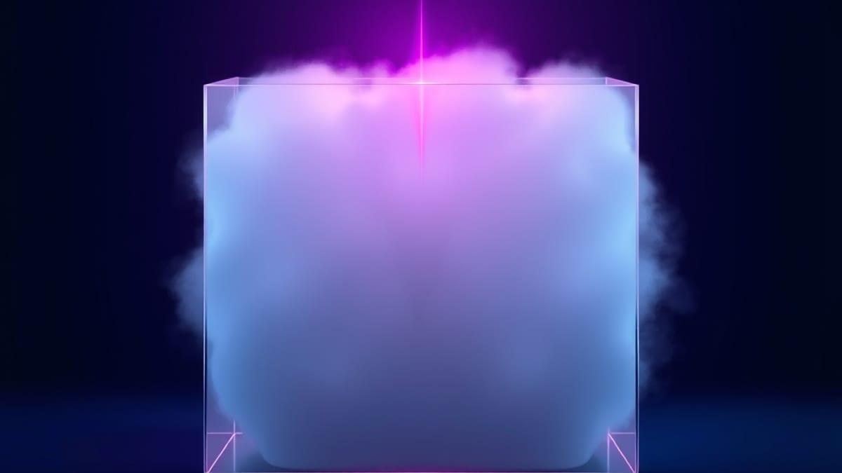 A beam of light passing through a fog-filled glass slab, emerging as one thin bright line.