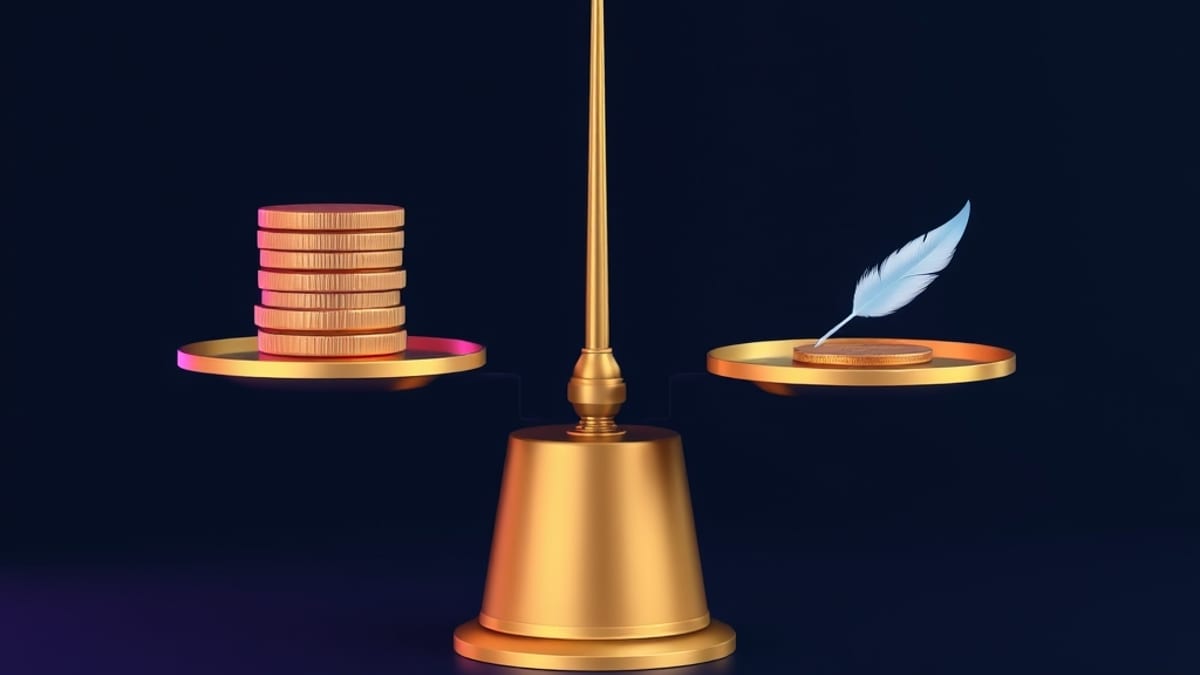 A balance scale with a heavy pile of coins sinking lower than a single feather on the other pan.