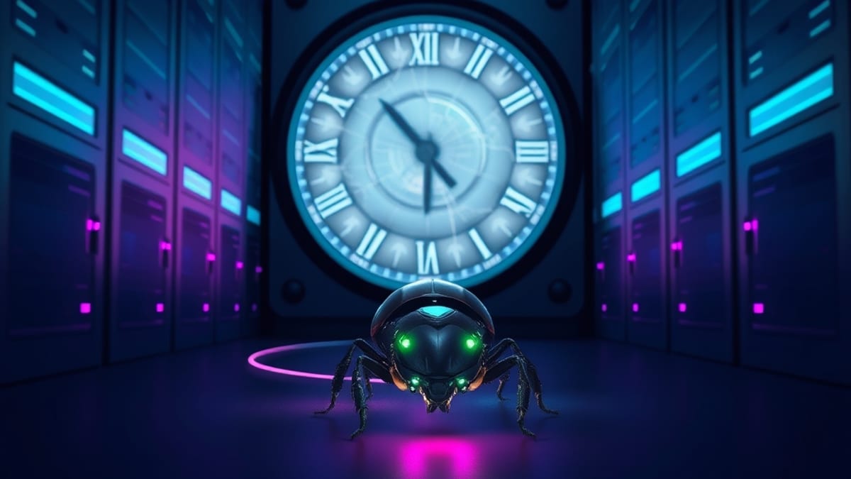 A glowing mechanical beetle crawls through a dark server aisle, leaving a light trail beneath a giant cracked clock.