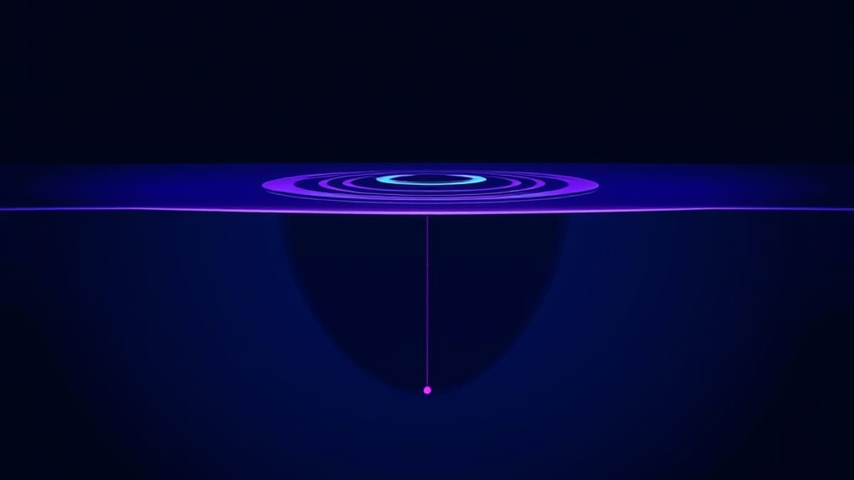 A calm sea surface with one small ripple and a measuring line dropping toward a large shadow far below.