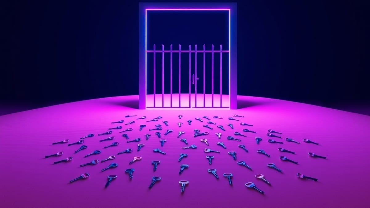A freestanding open gate with no fence in a desert, surrounded by small identical keys lying unused on the sand.