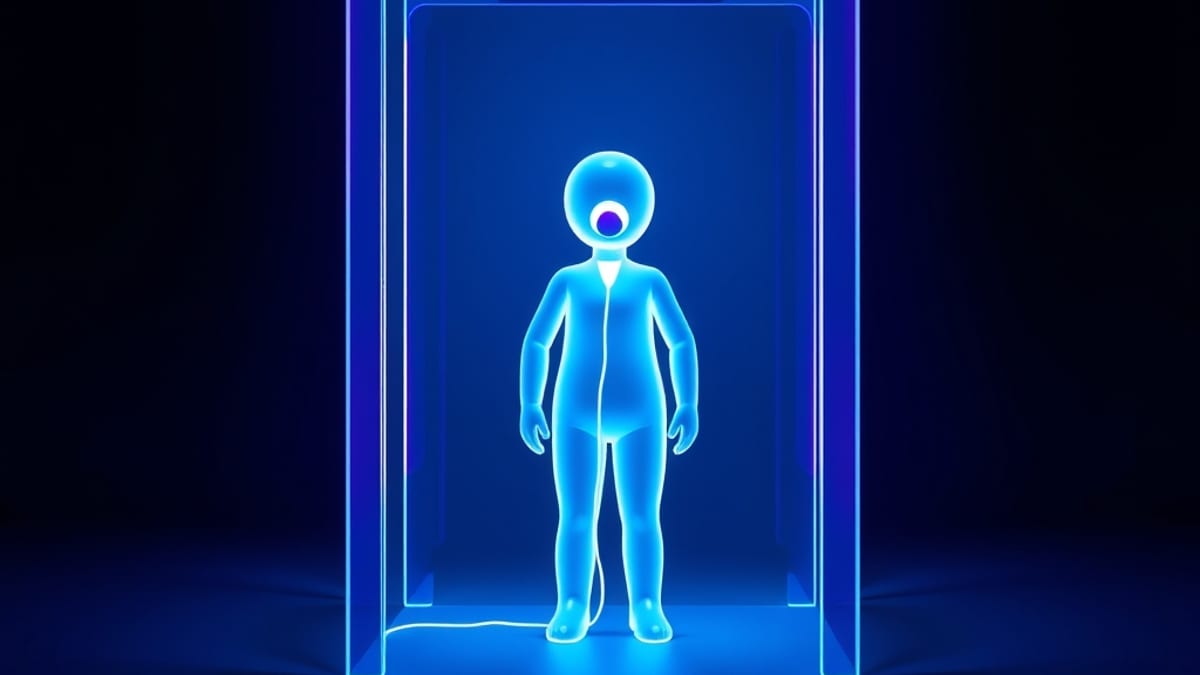 A translucent glass figure speaks into a glowing archway while an identical figure waits outside, linked by a thin thread of 