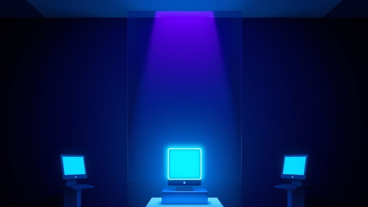 One glowing device stands lit on a pedestal while identical devices rest dim behind a glass wall in surrounding darkness.