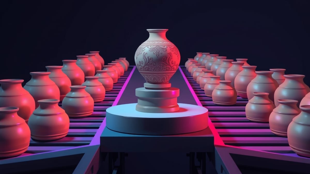 A row of identical blank clay vessels on a conveyor beside one ornate hand-painted pot under a spotlight.