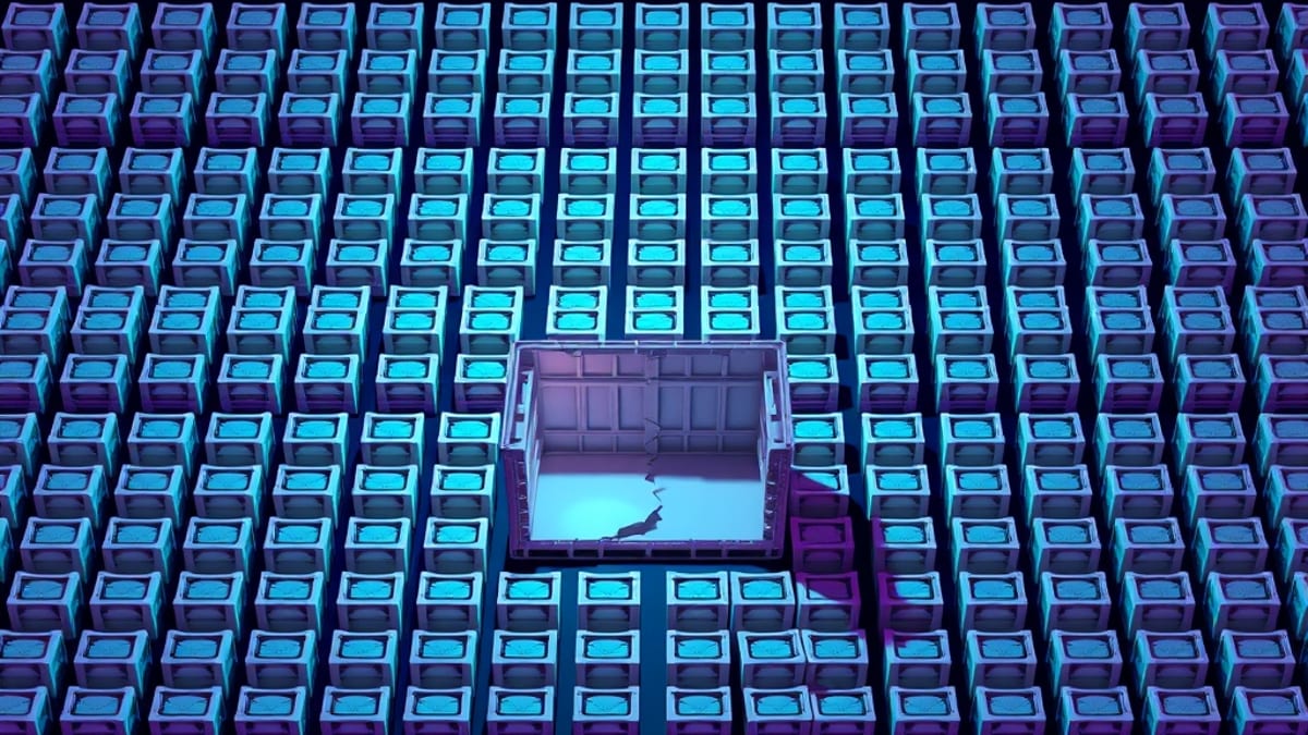 A neat grid of two hundred small crates with one open, cracked, empty crate casting a long shadow.