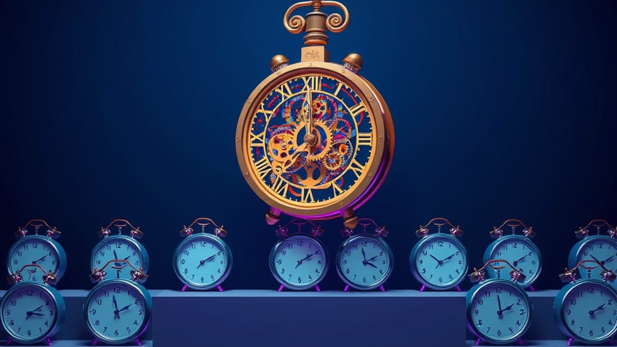 An intricate clock with exposed gears beside a shelf of plain identical clocks, the ornate one unsupported and heavy.
