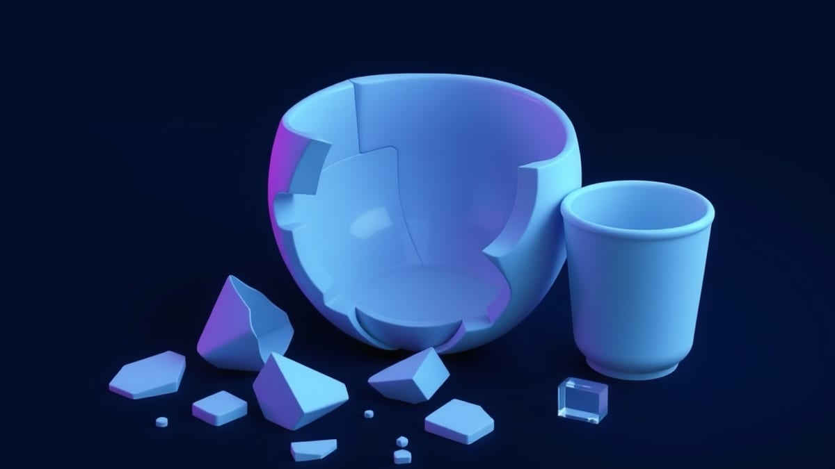 A cracked vessel rebuilt from shards with translucent filler blocks, next to a small intact full cup.