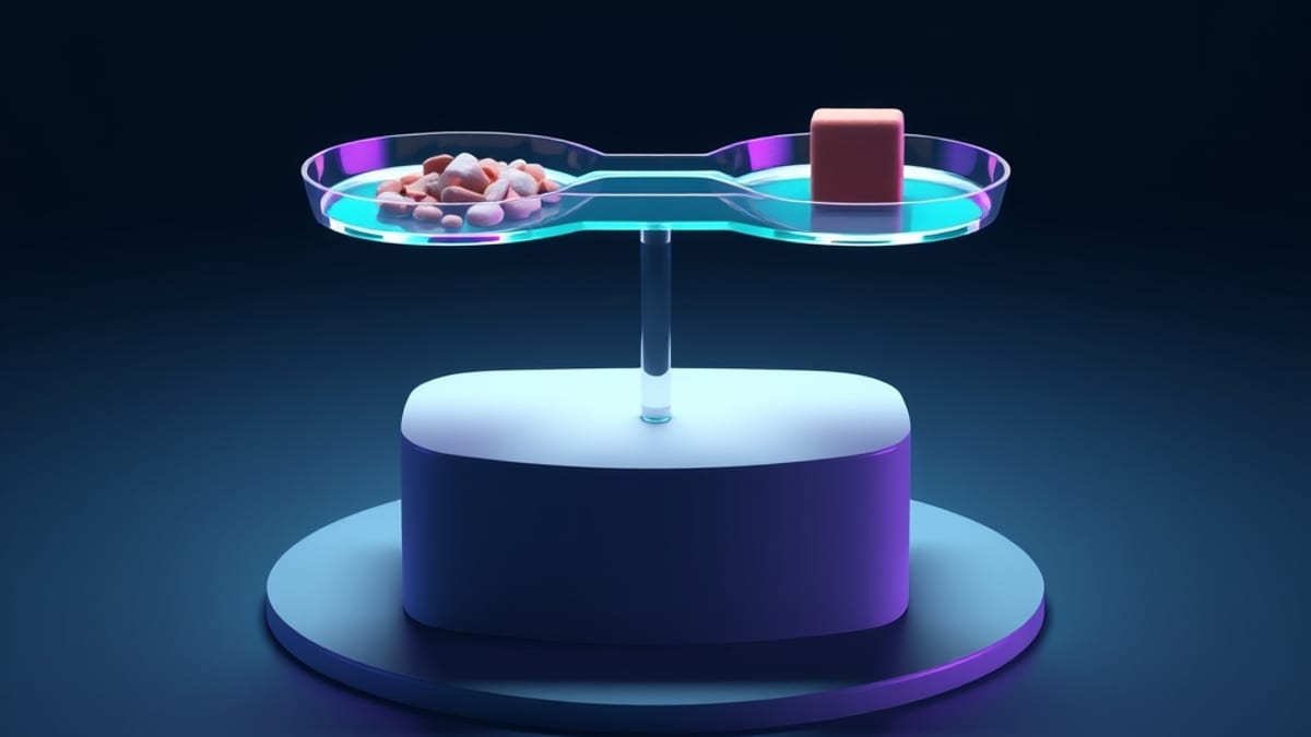 A glass balance scale weighing scattered pebbles against one polished cube on a plinth in soft studio light.