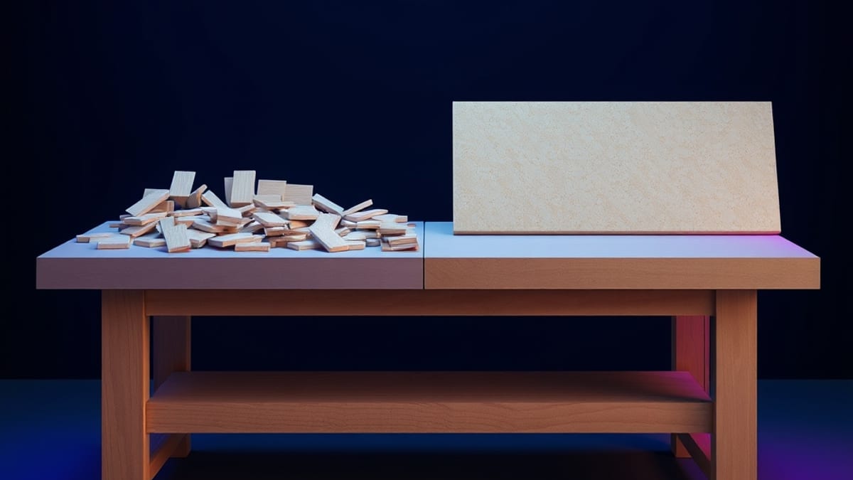 A split workbench with many small handmade tiles on one side and one large machined slab on the other.