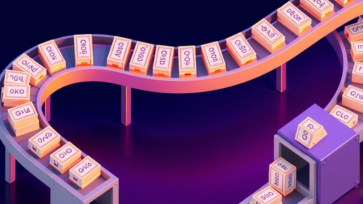 An isometric conveyor of identical tokens passing through a gate that splits into a wide chute and a narrow gated one.