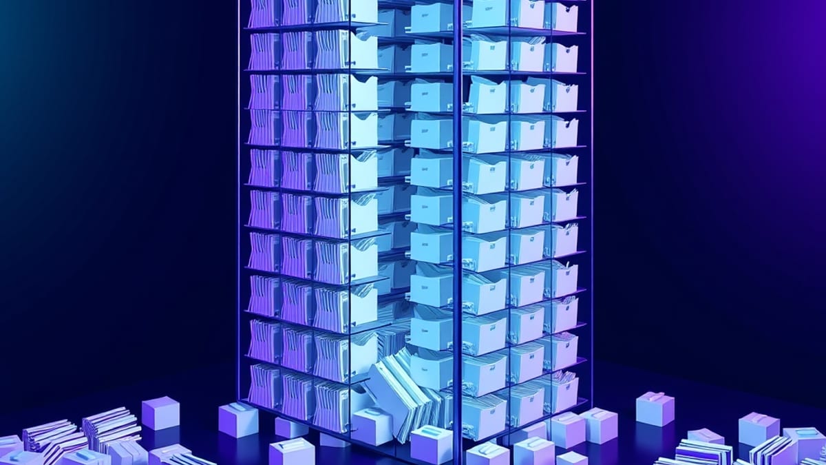 Cutaway of glass archive towers whose folders spill into one shared pile in a courtyard, showing no separation between buildi