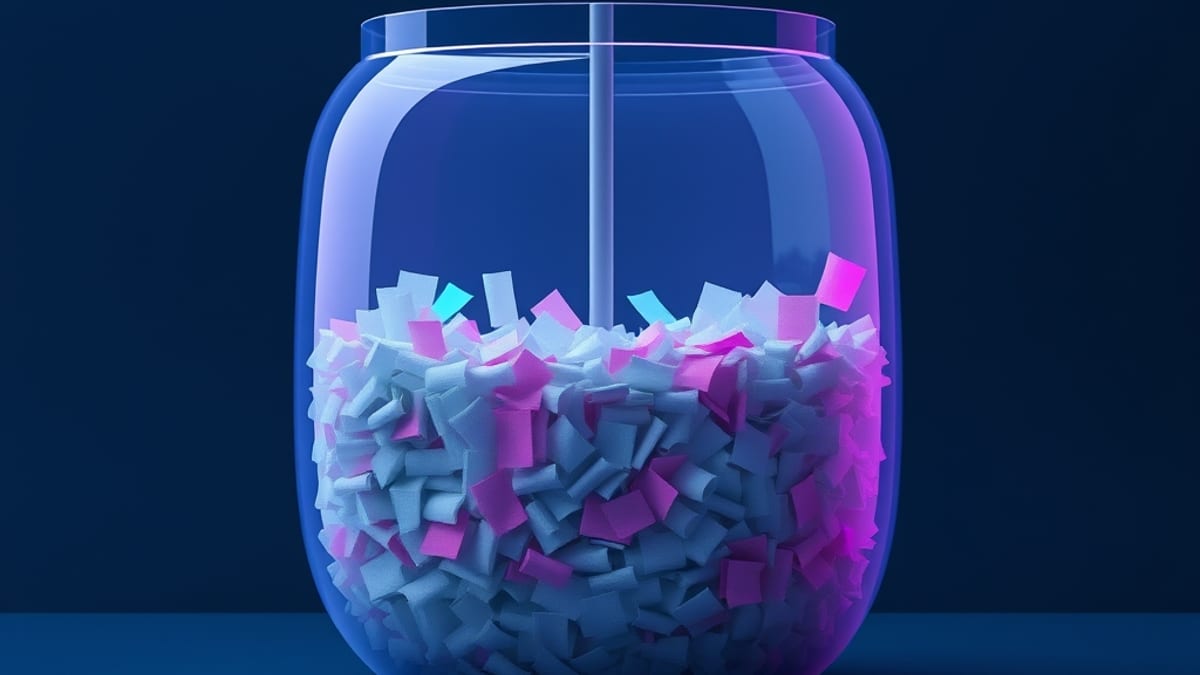 A large vat dissolving many colored paper slips into one gray liquid that drains through a single pipe into every container.