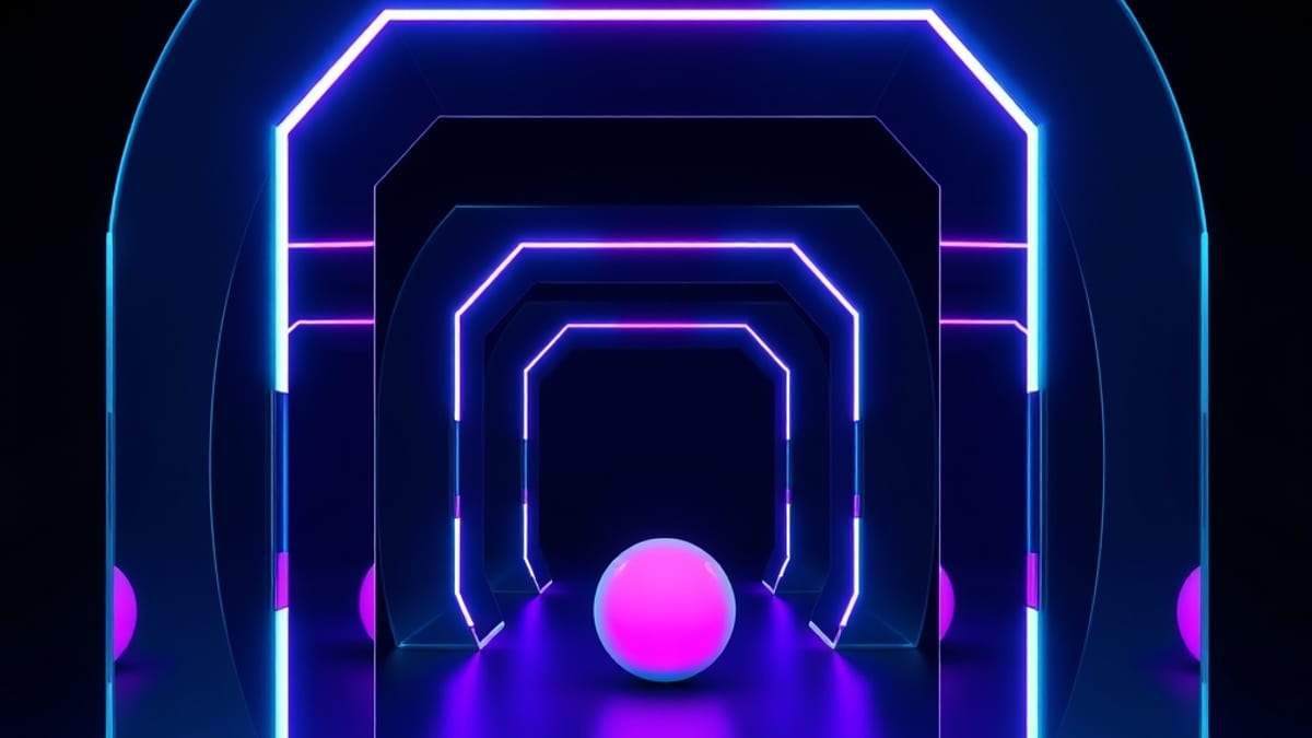 A glowing orb moves down a glass corridor past three geometric barriers, with an open dark archway beside it.