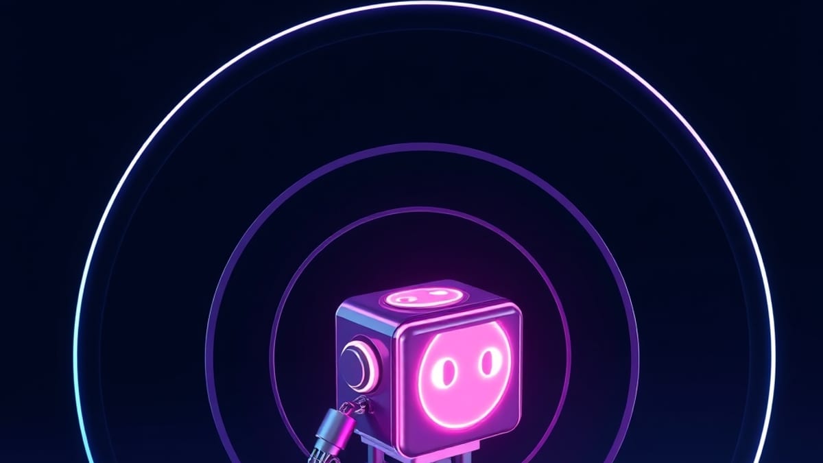 A tiny cube robot pushes a coin toward a slot while three translucent shells intercept it at different radii.