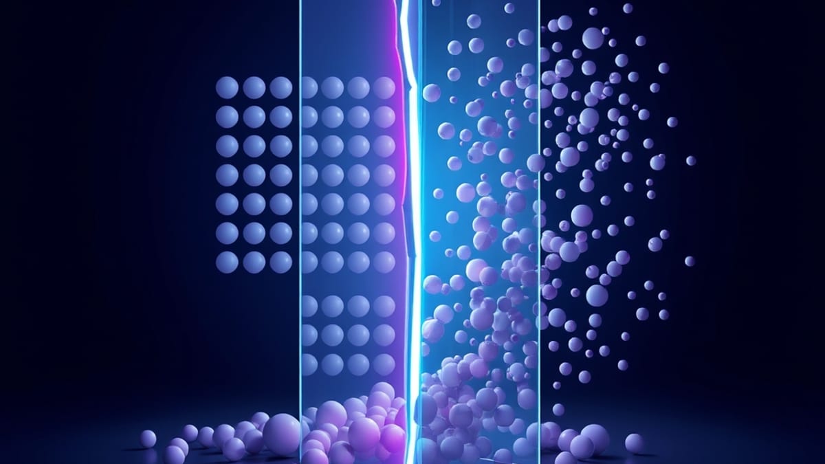 A cracked glass wall separates a tidy grid of spheres from a chaotic swarm of irregular shapes leaking through.