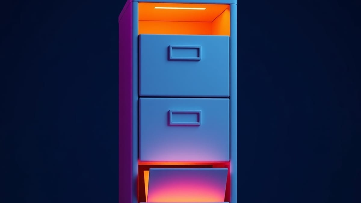 A clay-like four-drawer cabinet with the bottom drawer open and glowing, a translucent sheet drifting out.