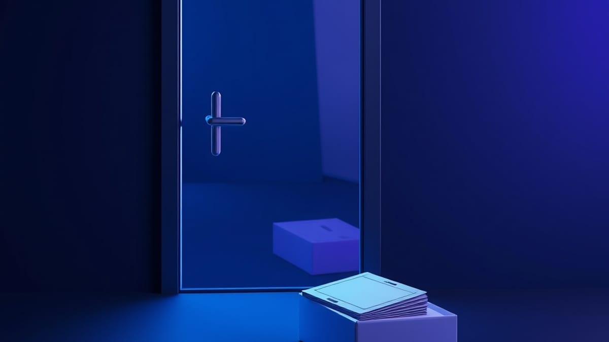 A glass door with no sign or handle, a dotted keyhole outline beside it, and a stack of blank slips on the floor.