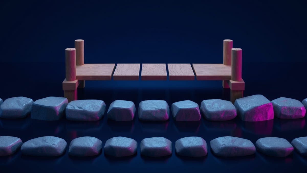 A wooden bridge with missing middle planks over dark water, beside a tidy row of unused stones on the bank.