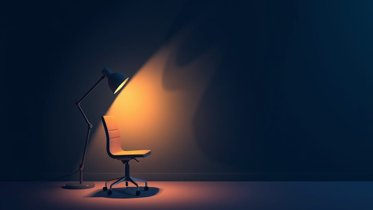 A giant monstrous shadow looms on a wall, cast by a small ordinary chair under a desk lamp.