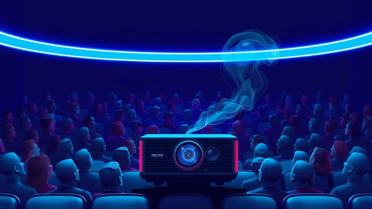 An audience gazes at a bright screen while a damaged, smoking projector behind them goes unnoticed.