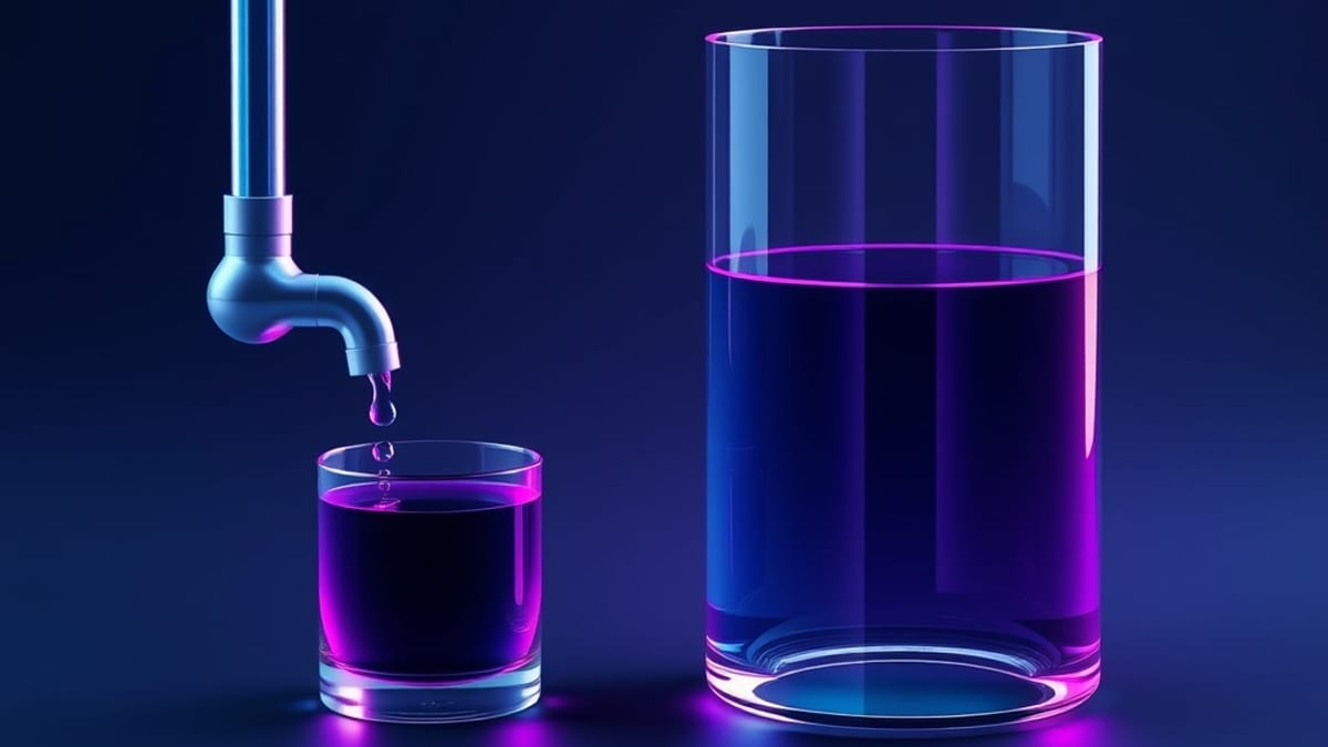 Two glass pipes carry identical liquid: one ends in a dripping faucet, the other in a sealed empty tank.