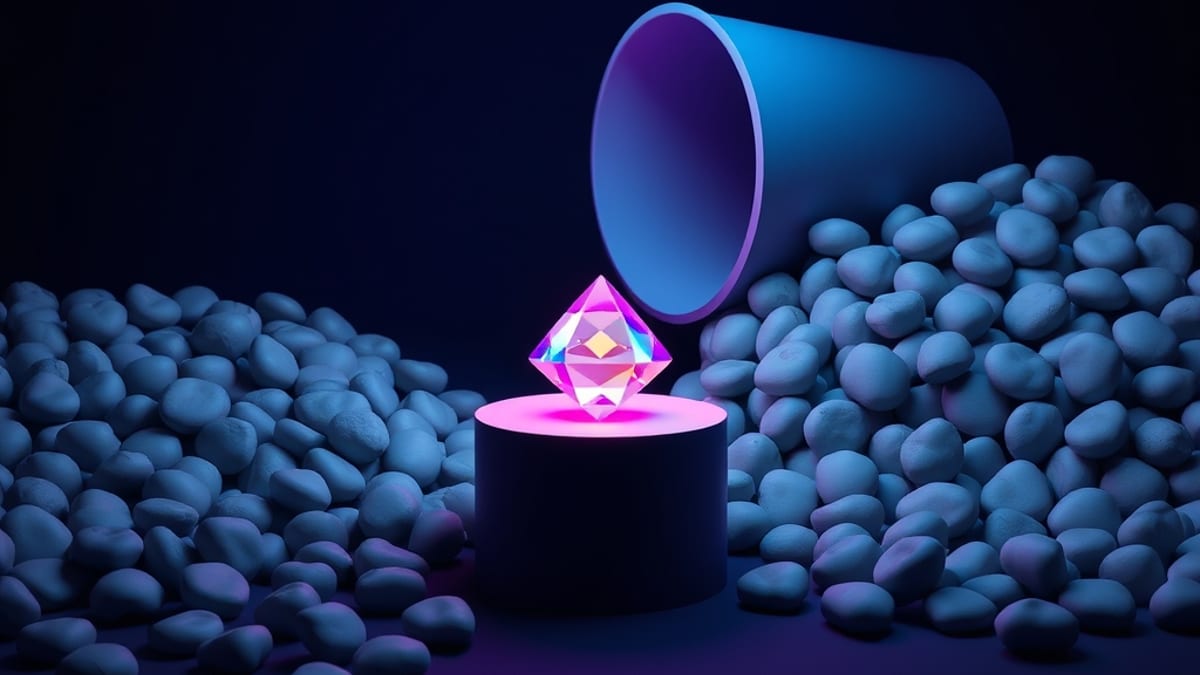 A thin line feeds a funnel that drops identical grey pebbles, while one faceted gem rests apart on a lit pedestal.