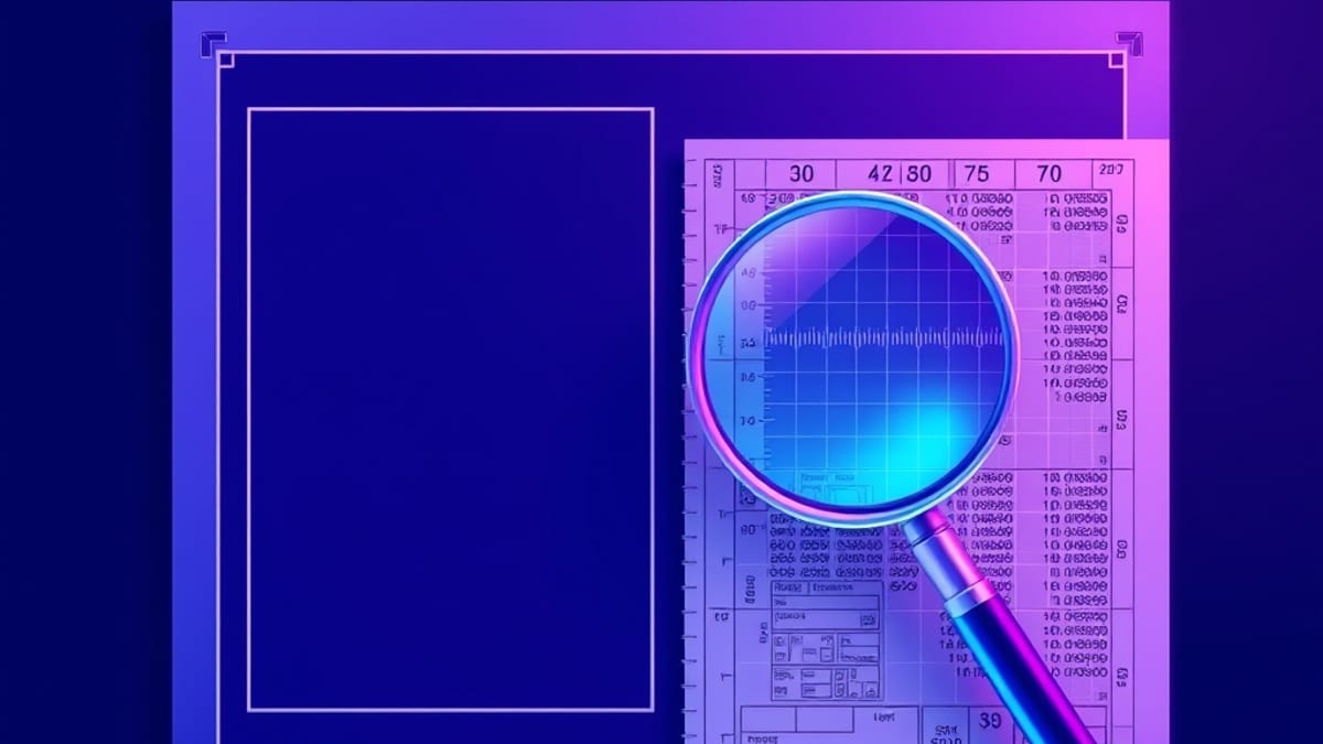 Two blueprint sheets, one nearly empty with a bare rectangle, the other dense with detail, under a hovering magnifier.