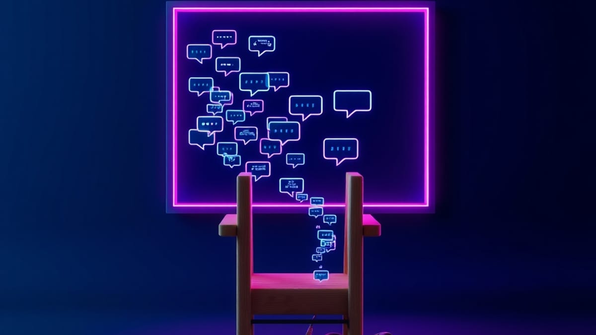 A child's chair facing a window that pours glowing speech bubbles into its shadow, tangled subtitle strips abandoned on the f