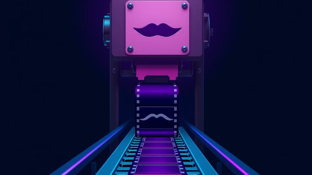 Film frames on a conveyor belt pass under a press stamping mouth shapes; some frames buckle where the stamp misaligns.
