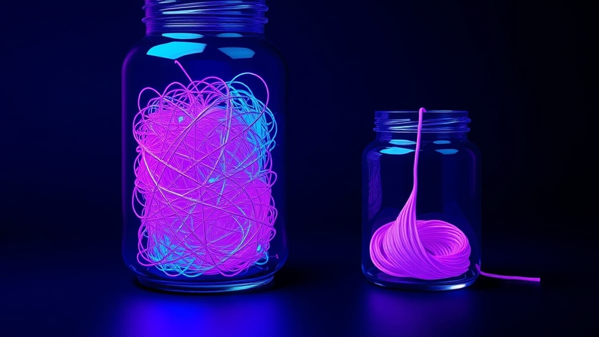 Two glass jars: one filling with loose rising threads, the other holding the same threads spun into a single cord.